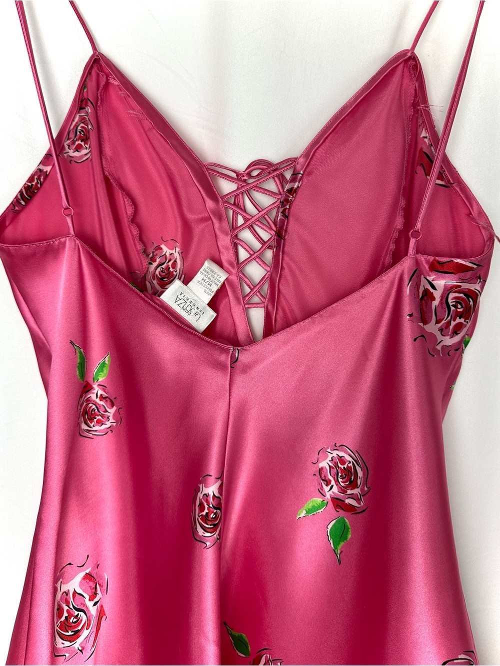 Vintage La Senza Pink Satin Rose Lace Up Babydoll Camisole Y2K Medium - Picture 15 of 16